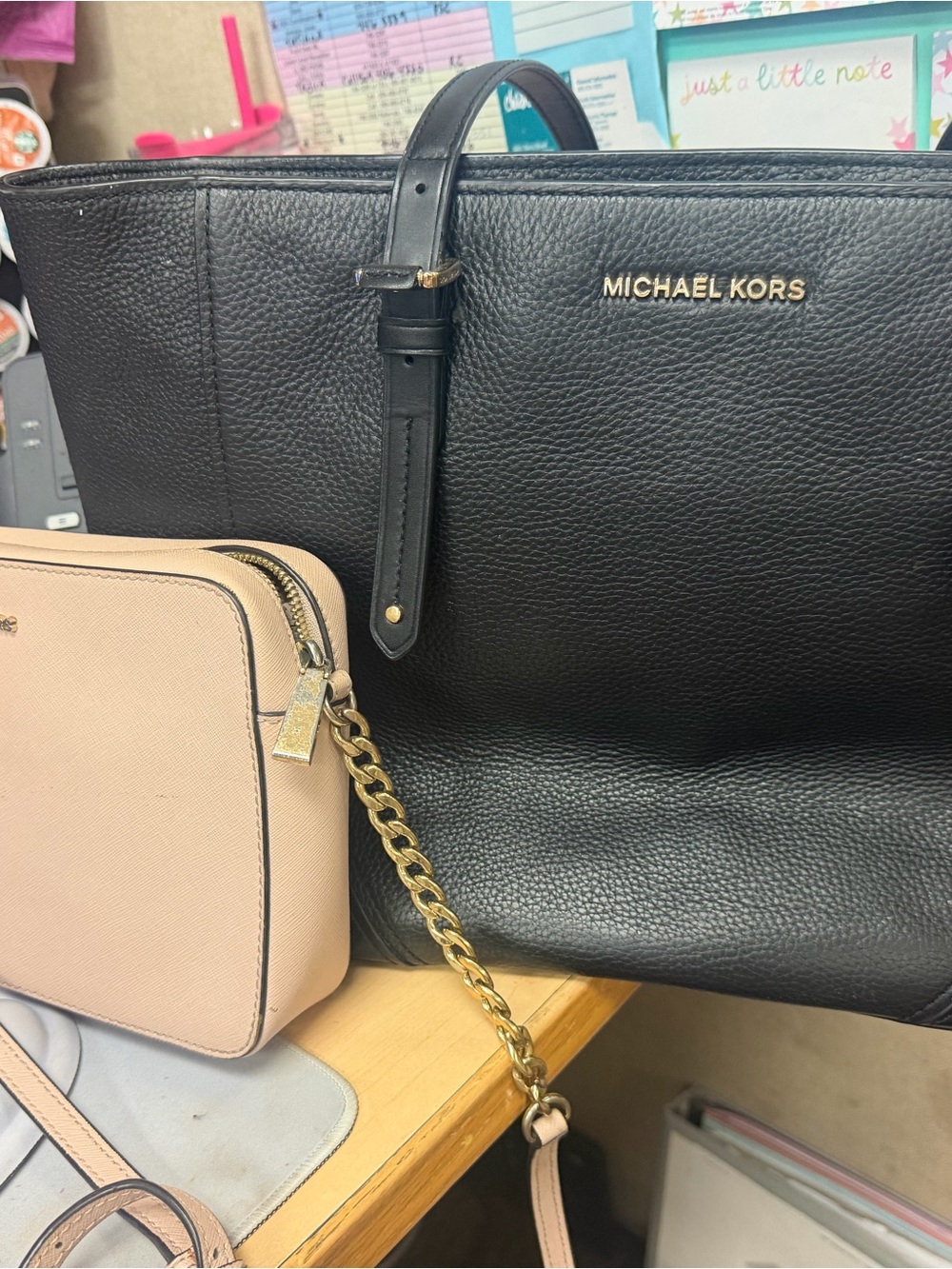 Michael Kors Black Pebbled Leather Tote with Pale Pink Crossbody Pouch